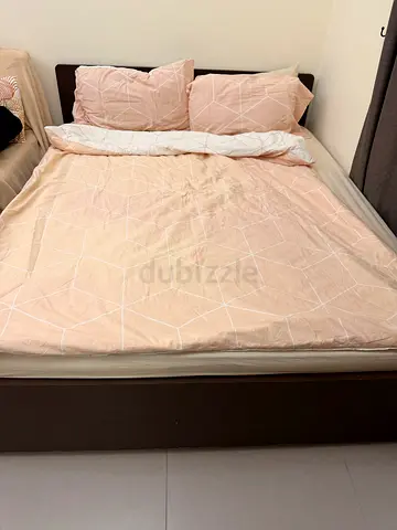 Queen size bed frame with mattress and 2 nightstands - good condition- l shaped sofa from ikea
