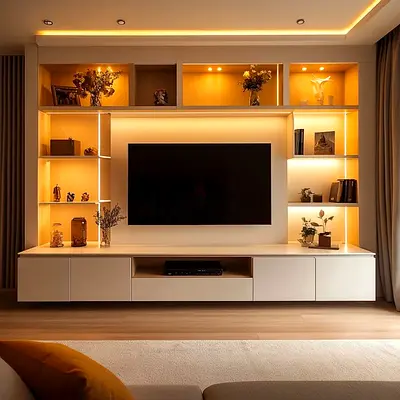 Modern Integrated Entertainment Center with LED Shelving