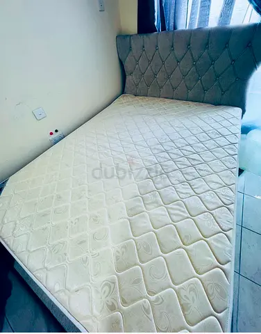 Queen upholstered bed frame with mattress - good condition