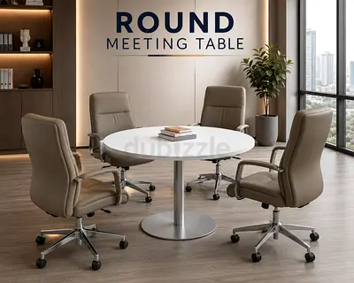 Modern Round Meeting Table – White Office Conference Table with Chrome Base