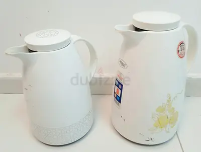 Pair of white Vacuum Flasks hot water flasks / carafes - used