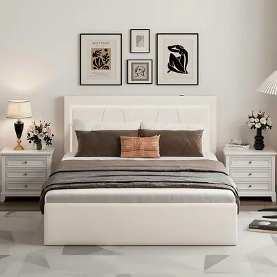 Light beige leather fabric queen drawers bed