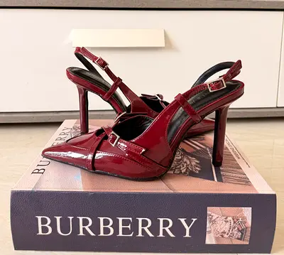 Burgundy Patent Slingback Heels with Buckle Details