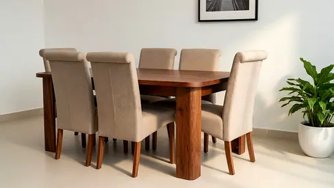 Wooden Dining Table with 6 Beige Upholstered Chairs - Good Condition