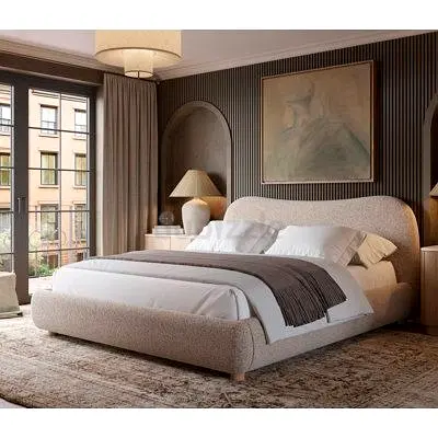 Modern upholstered king-size bed with curved headboard - beige