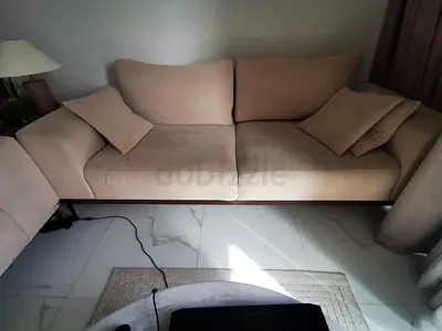 2 Beige 3-Seater Fabric Sofa with Cushions Good Condition for one and one who need little réparation