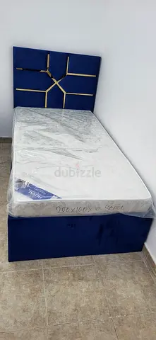 Blue Velvet Double Bed with Headboard - Good Condition