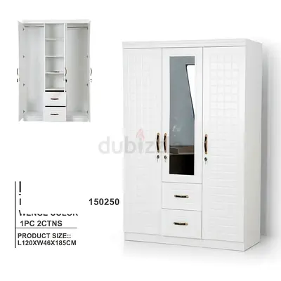 White 3-Door Wardrobe with Mirror and Drawers - 120x46x185cm