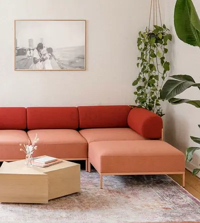 Modern L-shaped Fabric Sofa (Peach/Rust) - 3-seater with Ottoman