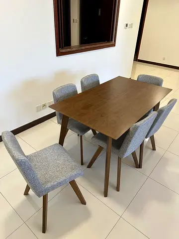 Wood 6-Seater Dining Table with Upholstered Grey Chairs
