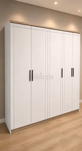 Modern 5-Door White Wardrobe with Black Handles