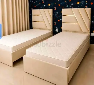 Twin Size Single Beds with Upholstered Headboards
