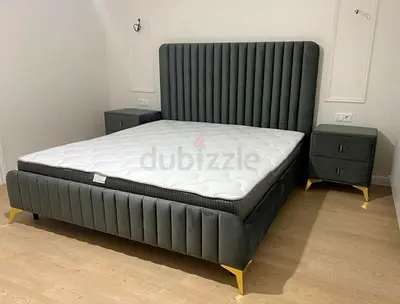 Grey Velvet Double Bed Frame with Headboard and Gold Legs