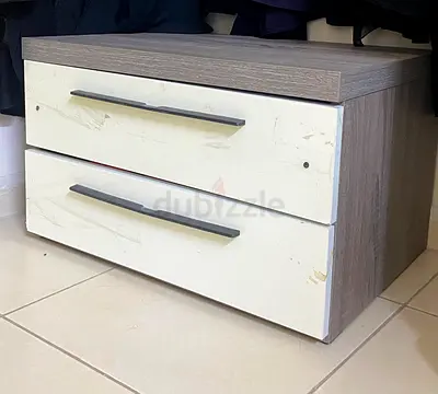 Small two-drawer bedside cabinet / nightstand - grey wood finish