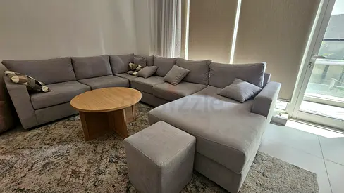 Large Grey L-shaped Sectional Sofa with Ottoman and Cushions - Great Condition - 5 pc set