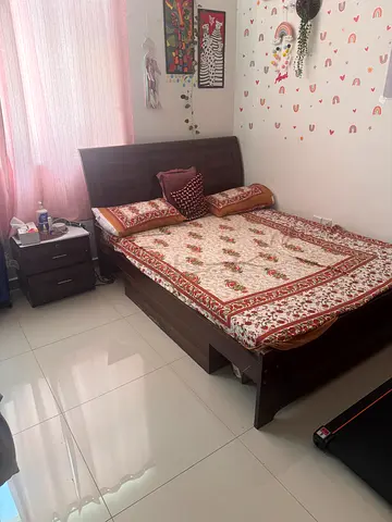 Bed, mattress and side table