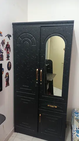 Black Wooden Wardrobe with Mirror - Good Condition
