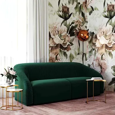 Emerald green velvet curved 3 seater sofa