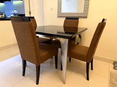 Dining Table with 4 Chairs - Black Glass Top Modern Dining Set
