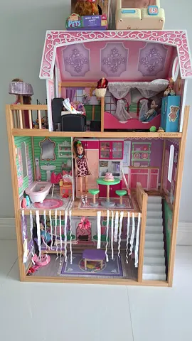 Wooden Dollhouse with Furniture and Dolls - Good Condition