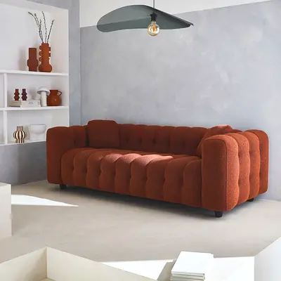 New 3-Seater Tufted Rust Bouclé Sofa — Modern Comfortable Couch
