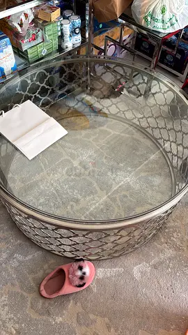 Round Glass Top Coffee Table with Metal Lattice Base - Good Condition