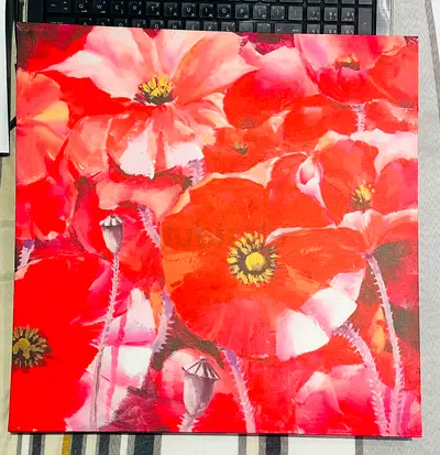 Red Poppy Floral and Pink Roses Canvas Painting - Square Wall Art