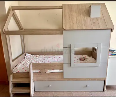 Kids house-frame bed with stairs and under-drawer - light oak/grey