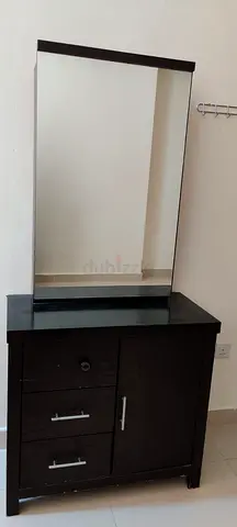 Dark Wood Dresser with Mirror — 3 Drawers + Cabinet