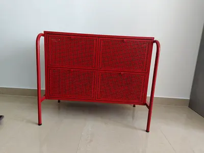 Red Metal Storage Cabinet with Perforated Doors - Compact Side Console