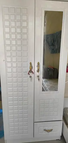 White Wooden Wardrobe with Mirror and Drawer - Good Condition