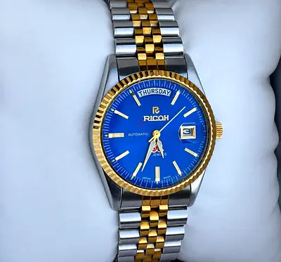 Ricoh Automatic Mens Two-Tone Blue Dial Watch with Day-Date