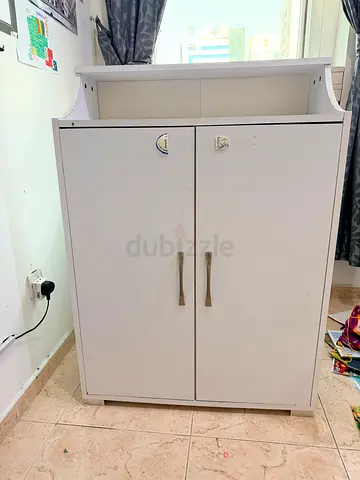 White Wooden Storage Cabinet with Two Doors - Good Condition