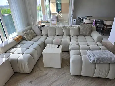 Modern tufted lounge chair - single seater, light grey