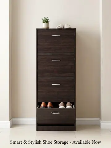 Slim 4-Drawer Shoe Cabinet - Dark Wood Finish