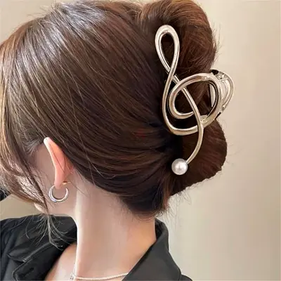 Silver Treble Clef Hair Clip with Pearl Accent