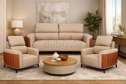 Beige Leather Sofa Set (3+1+1) with Wooden Legs – Luxury Sofa Set for Living Room  Office