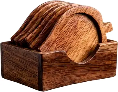 Set of Coconut Wooden Coasters with Holder - (6 pcs set)