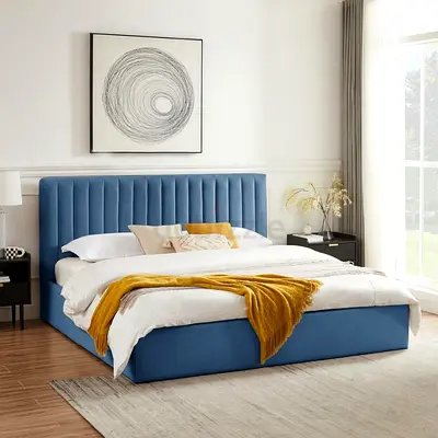 Modern Blue Velvet Upholstered Bed with Vertical Tufted Headboard