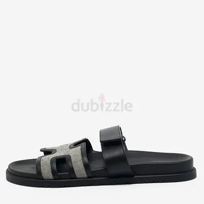 Hermes Black/White Leather and Canvas H Maxi Chypre Flat Sandals Size 42