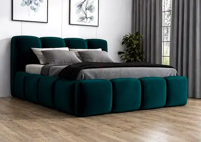 Modern Upholstered Velvet Queen Bed Frame in Teal with Padded Headboard