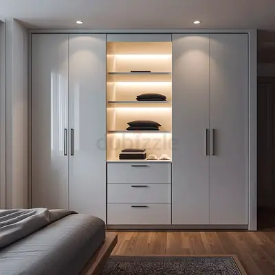 Modern white built-in wardrobe with open shelving and drawers