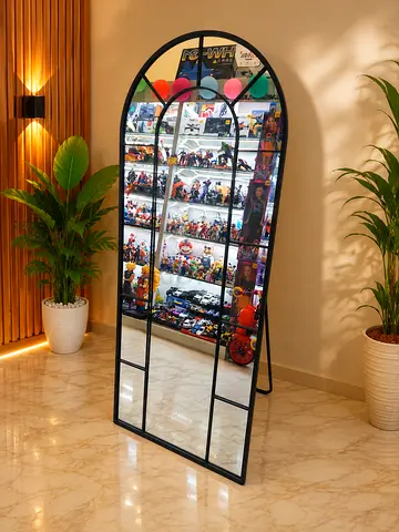 Full-length Arched Standing Mirror with Black Grid Frame