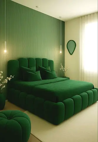 Green upholstered platform bed with padded headboard and frame
