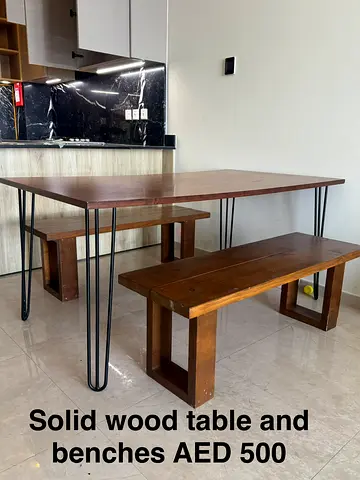 Solid Wood Dining Table with Two Benches - Good Condition