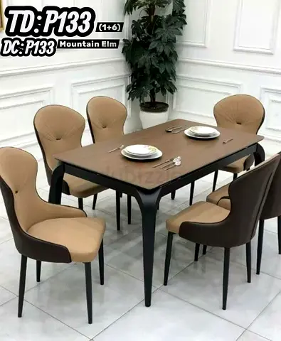 6-Seater Modern Dining Table Set with Upholstered Chairs - Mountain Elm Top