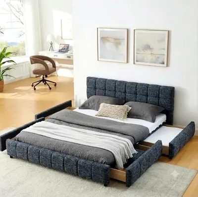 Modern Grey Fabric Bed Frame with Storage Drawers