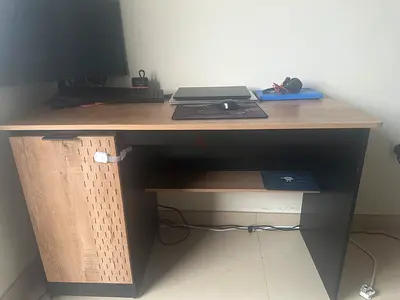 Compact computer desk with storage cabinet - oak finish