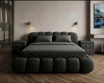 Modern upholstered king bed with padded headboard and frame - dark grey