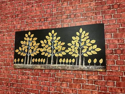 Gold Leaf Tree Canvas Painting - 3 Trees on Black Background